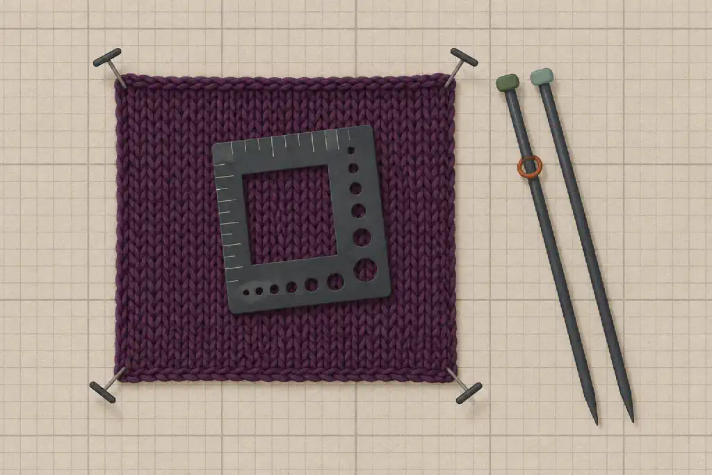 Illustration of a plum stockinette gauge swatch pinned flat at the corners, with a square-window needle gauge on it and a pair of straight needles beside it.