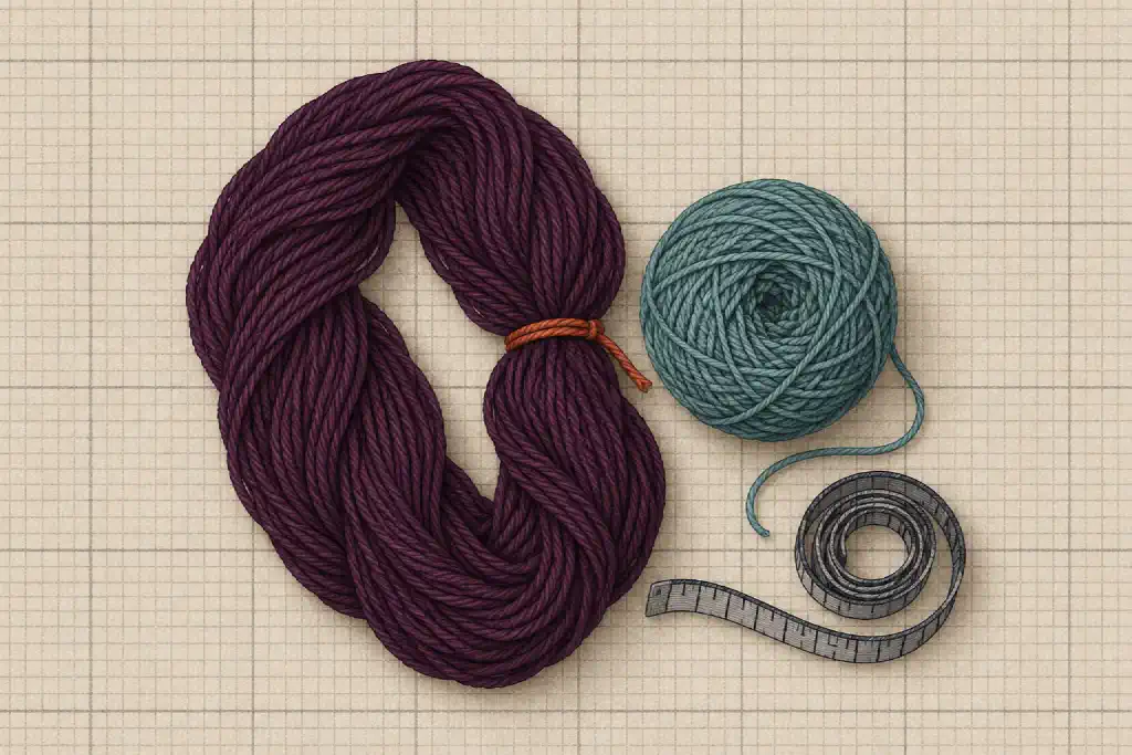 Illustration of a large plum hank of yarn tied with a rust strand, a ball of sea-glass yarn and a coiled tape measure on a gridded mat.