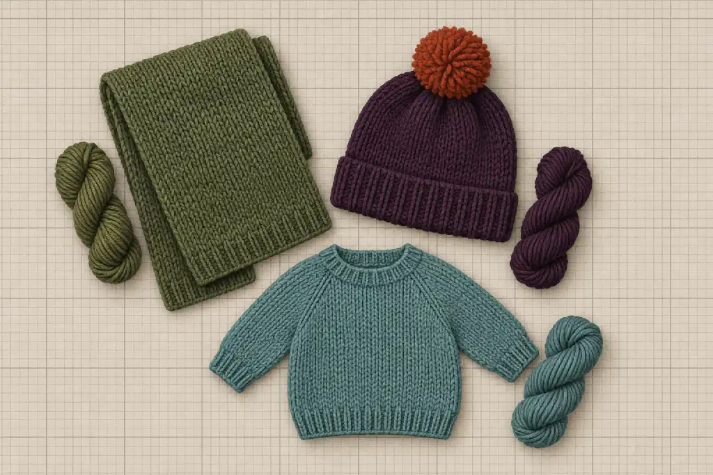 Illustration of a folded moss scarf, a plum hat with a rust pompom and a small sea-glass sweater, each beside a skein of matching yarn.