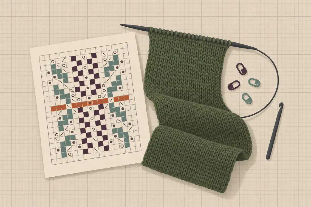 Illustration of a knitting chart with one row marked in rust, beside a moss scarf in progress on circular needles, stitch markers and a crochet hook.