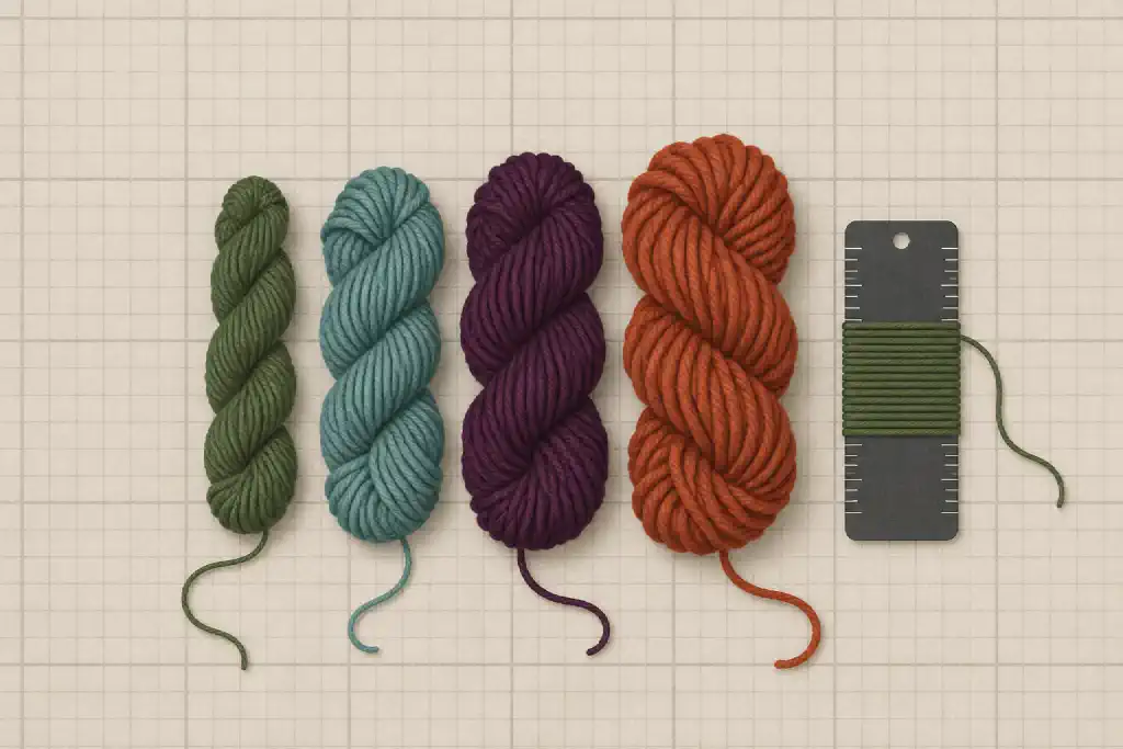 Illustration of four skeins of yarn from thin to thick in moss, sea-glass, plum and rust, with green yarn wrapped around a wraps-per-inch tool, on a gridded blocking mat.