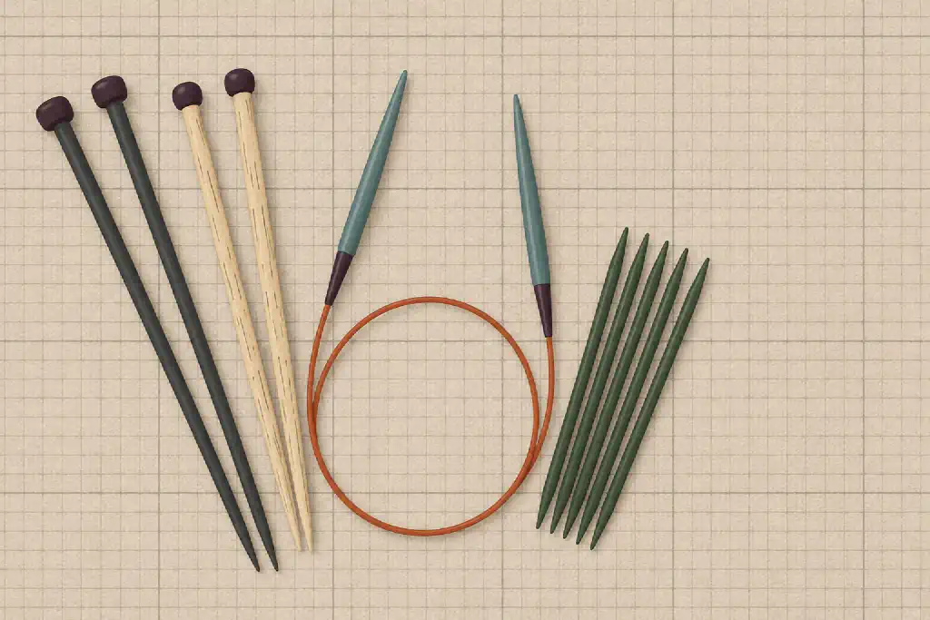 Illustration of knitting needle types side by side: two pairs of straight needles, a circular needle with a rust cable, and a set of double-pointed needles.